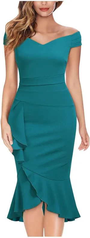 Womens V-Neck Midi Dress Solid Color Elegant Off Shoulder Blouson Dress Ruffle Sheath Dress Sexy Party Prom Dress