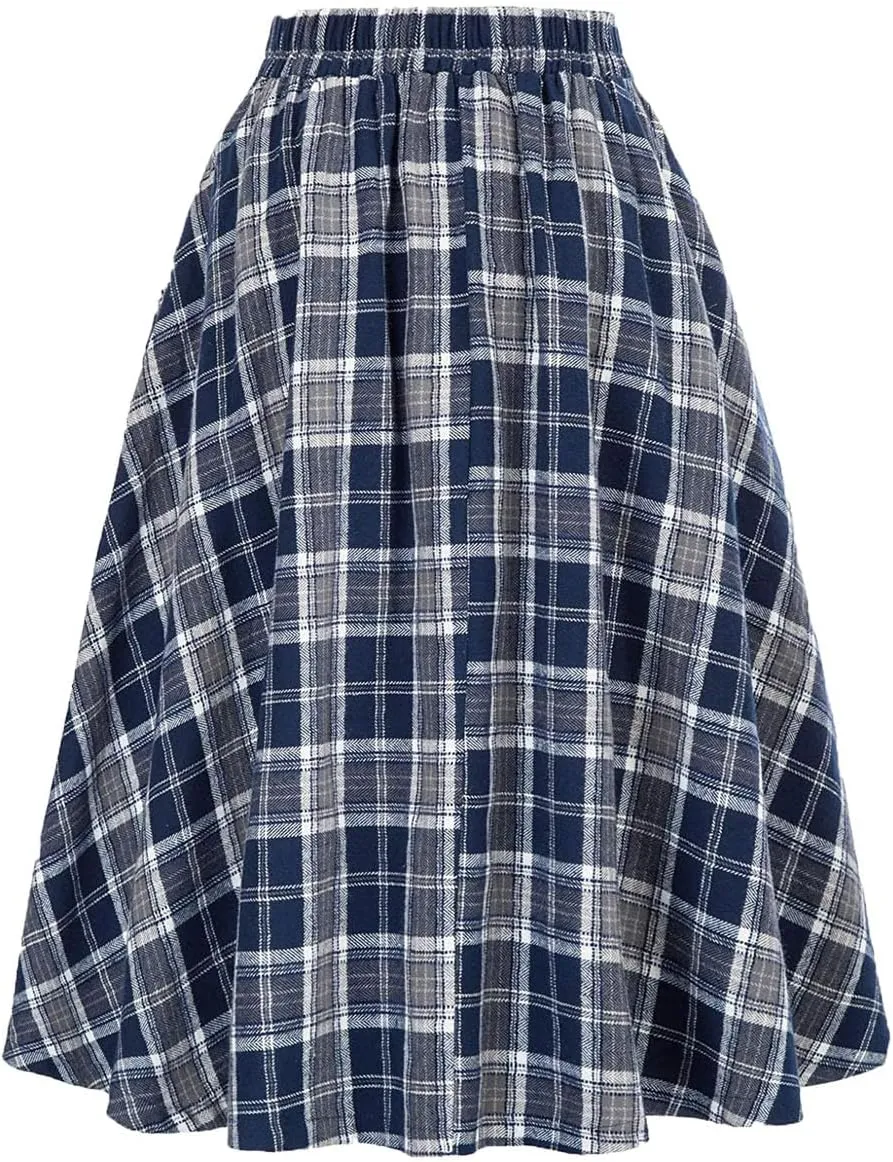 Women's Vintage High Waisted A Line Pleated Casual Plaid Midi Skirts