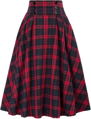 Women's Vintage High Waisted A Line Pleated Casual Plaid Midi Skirts