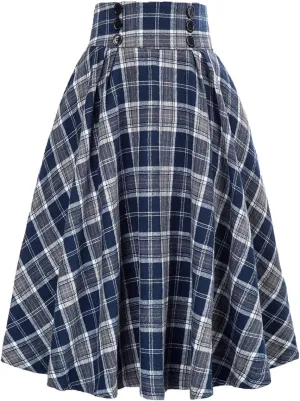 Women's Vintage High Waisted A Line Pleated Casual Plaid Midi Skirts
