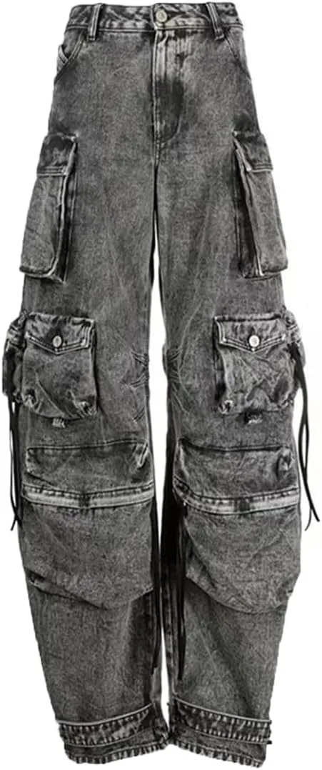 Womens Y2K Jeans Baggy High Waisted Cargo Denim Pants Straight Wide Leg with Flap Pockets