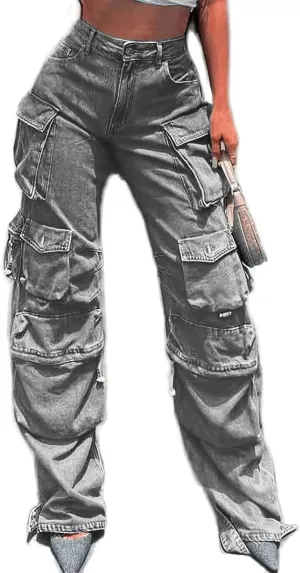 Womens Y2K Jeans Baggy High Waisted Cargo Denim Pants Straight Wide Leg with Flap Pockets