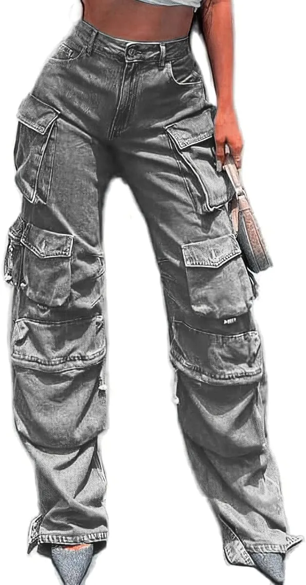 Womens Y2K Jeans Baggy High Waisted Cargo Denim Pants Straight Wide Leg with Flap Pockets