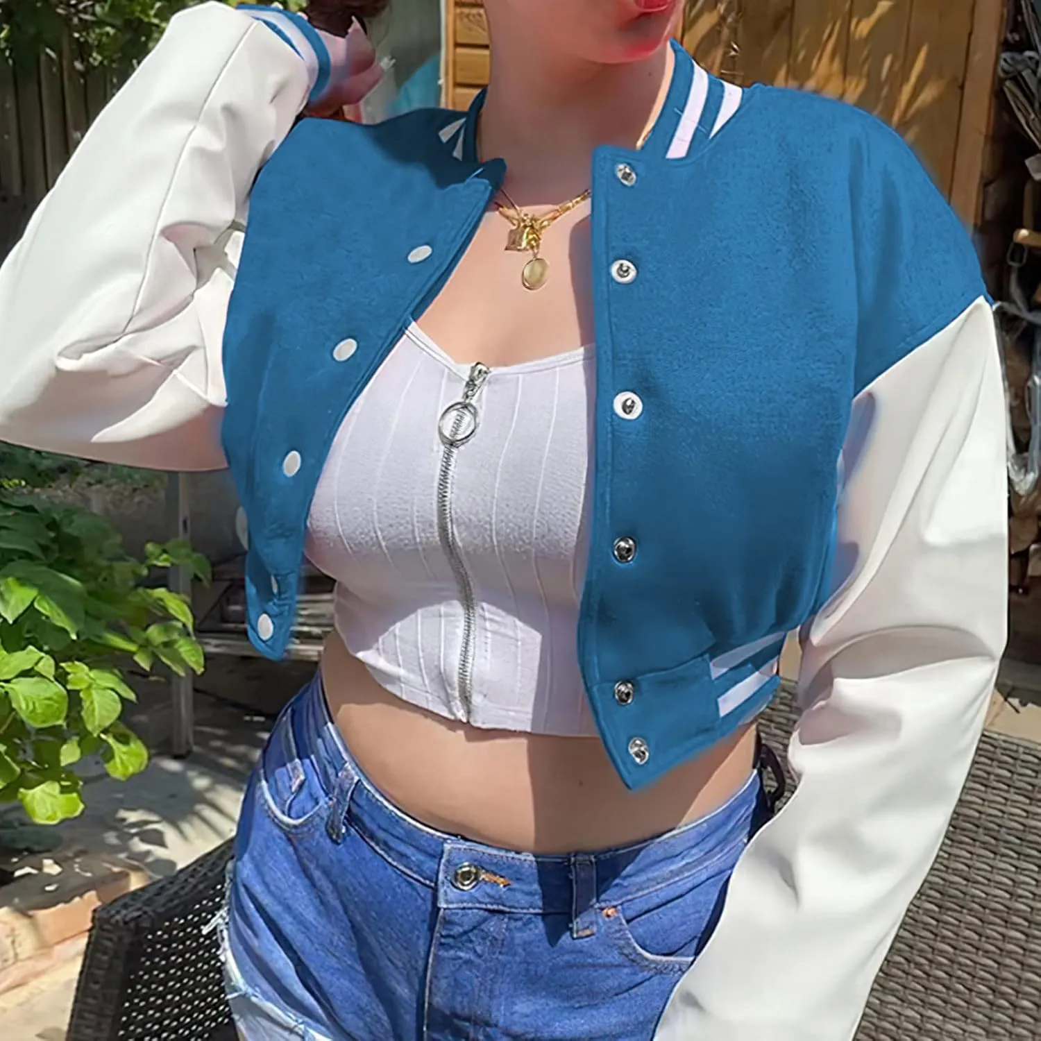 Xaspee Women's Casual Baseball Jacket Faux Leather Colorblock Button Crop Bomber Jacket