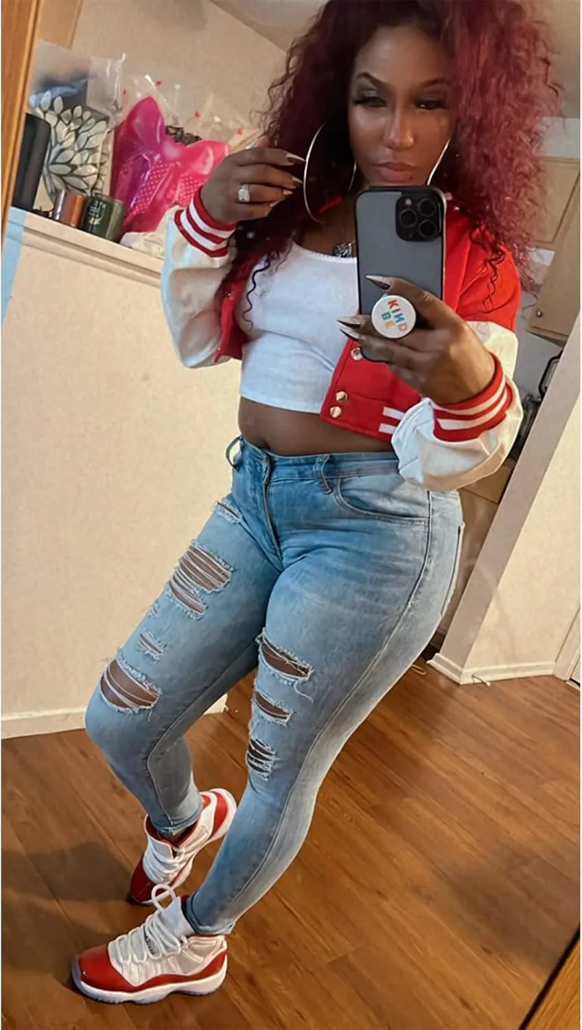 Xaspee Women's Casual Baseball Jacket Faux Leather Colorblock Button Crop Bomber Jacket