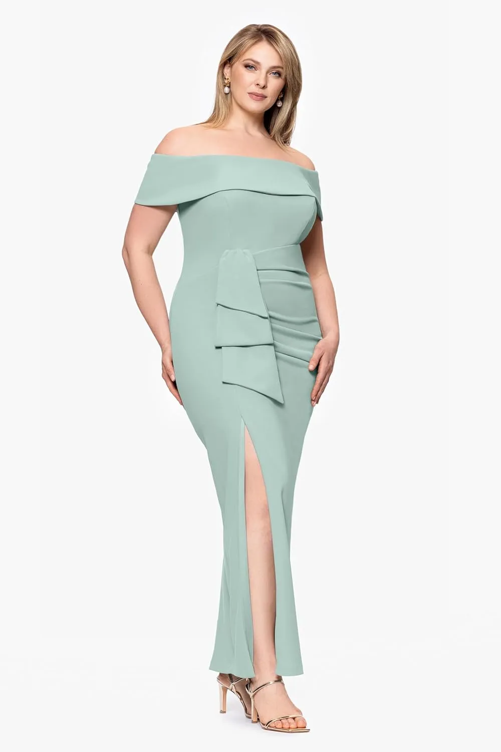 Xscape Women's Plus Size Long Off The Shoulder Scuba Crepe Slit Dress