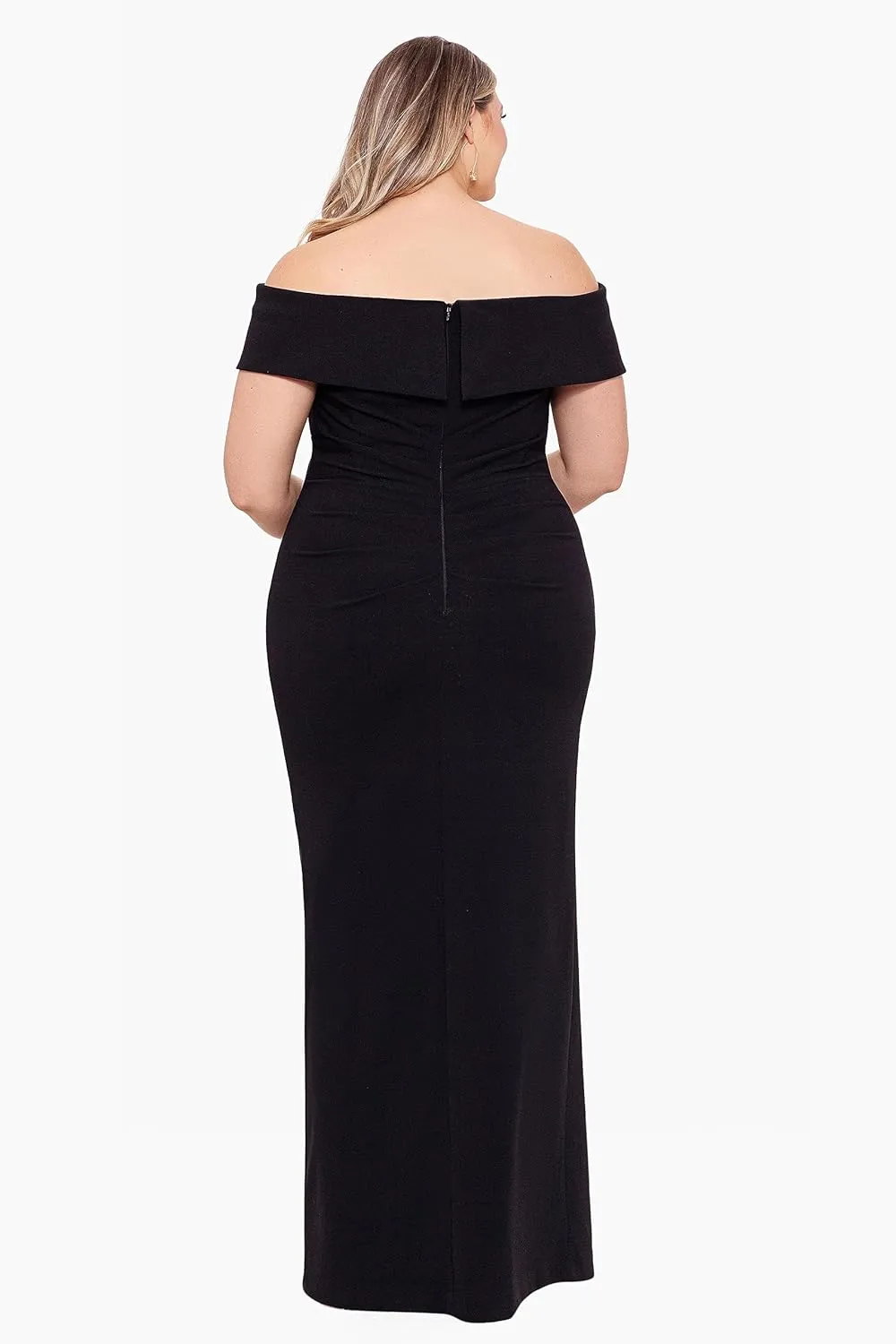 Xscape Women's Plus Size Long Off The Shoulder Scuba Crepe Slit Dress