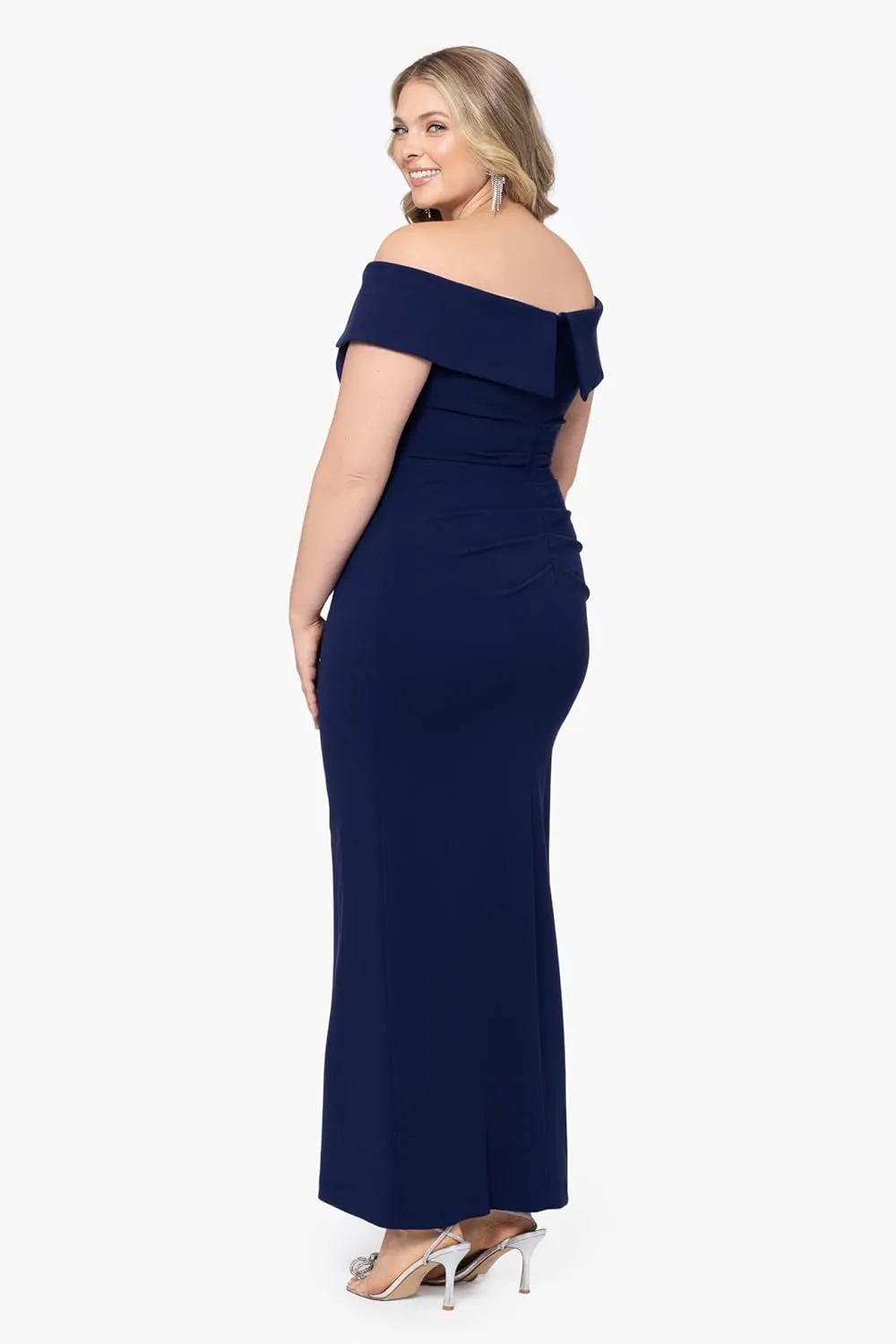 Xscape Women's Plus Size Long Off The Shoulder Scuba Crepe Slit Dress