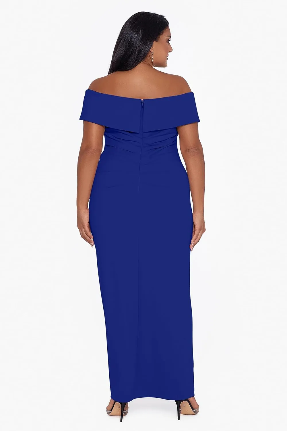 Xscape Women's Plus Size Long Off The Shoulder Scuba Crepe Slit Dress