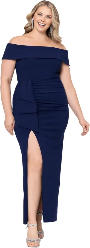 Xscape Women's Plus Size Long Off The Shoulder Scuba Crepe Slit Dress