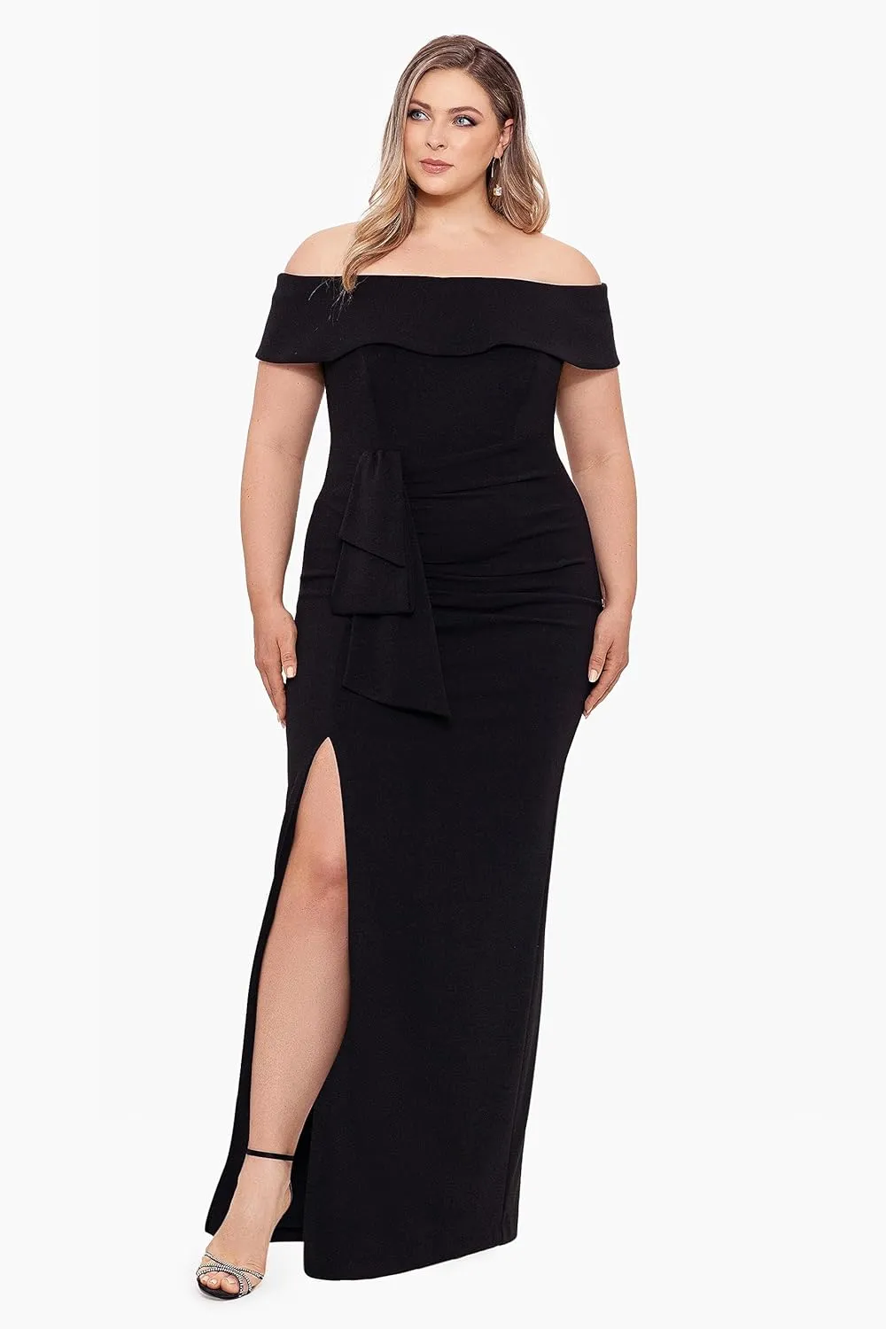 Xscape Women's Plus Size Long Off The Shoulder Scuba Crepe Slit Dress