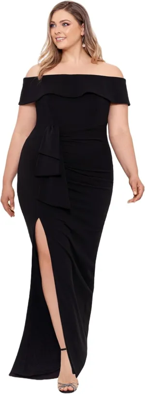 Xscape Women's Plus Size Long Off The Shoulder Scuba Crepe Slit Dress