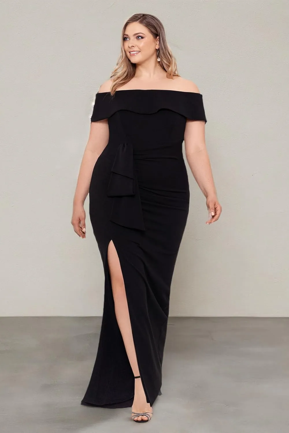 Xscape Women's Plus Size Long Off The Shoulder Scuba Crepe Slit Dress