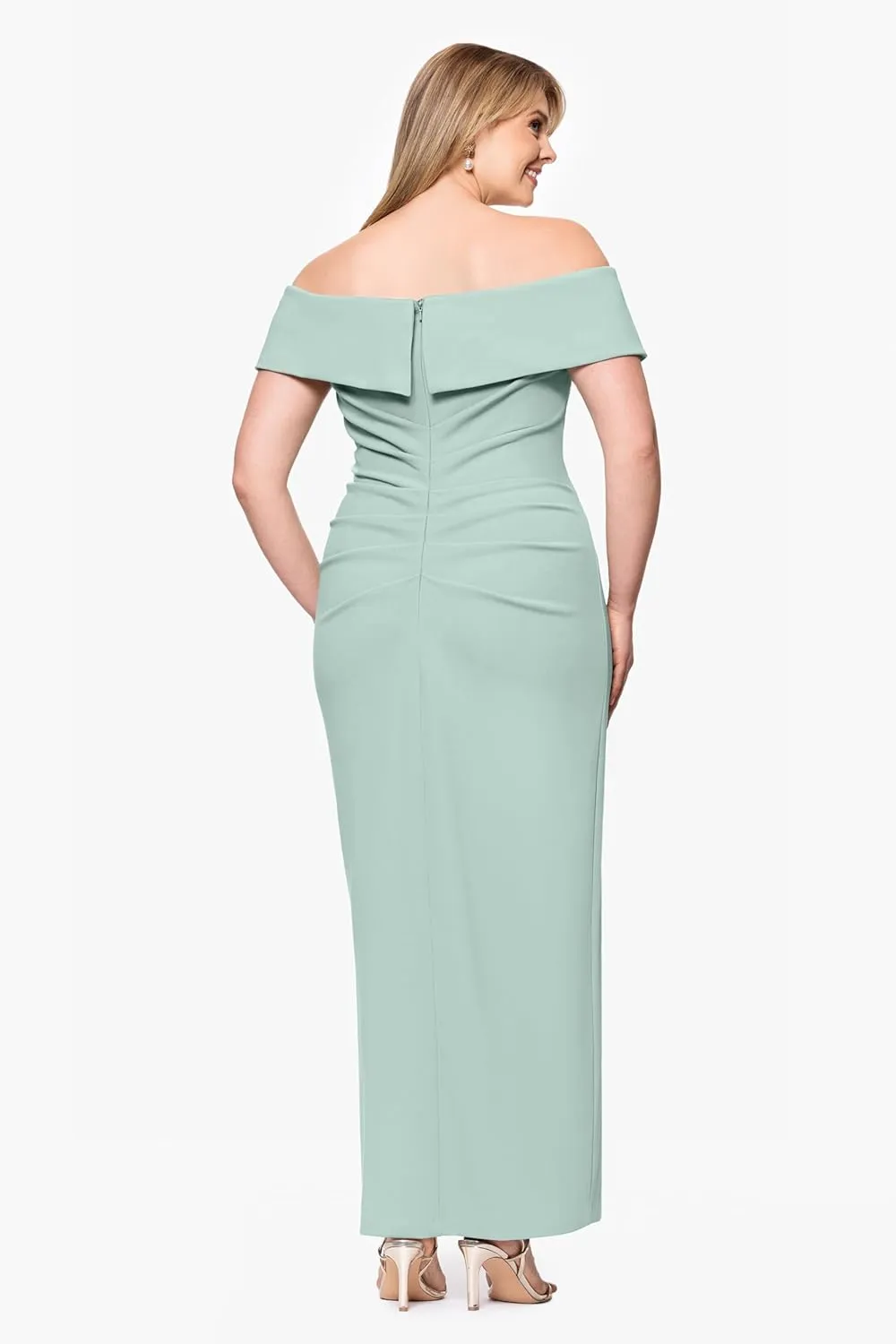 Xscape Women's Plus Size Long Off The Shoulder Scuba Crepe Slit Dress