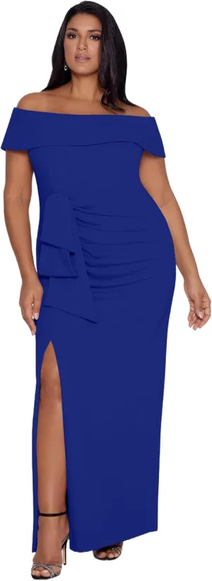 Xscape Women's Plus Size Long Off The Shoulder Scuba Crepe Slit Dress