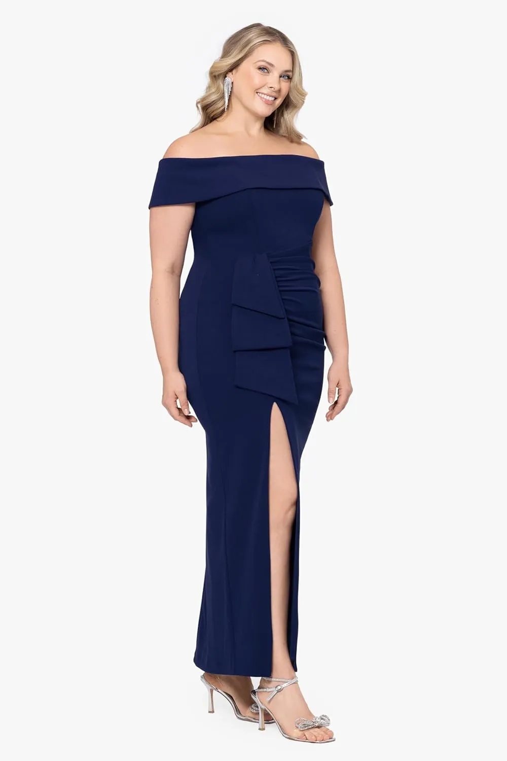 Xscape Women's Plus Size Long Off The Shoulder Scuba Crepe Slit Dress