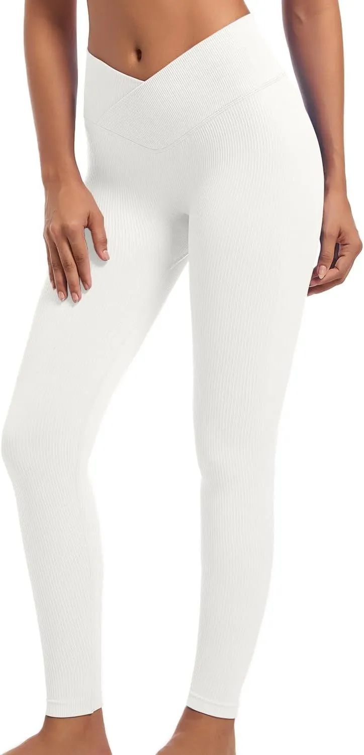 YOAKUKA Yoga Ribbed Leggings for Women High Waisted Tummy Control Seamless Butt Lifting Crossover Workout Gym Athletic Pants