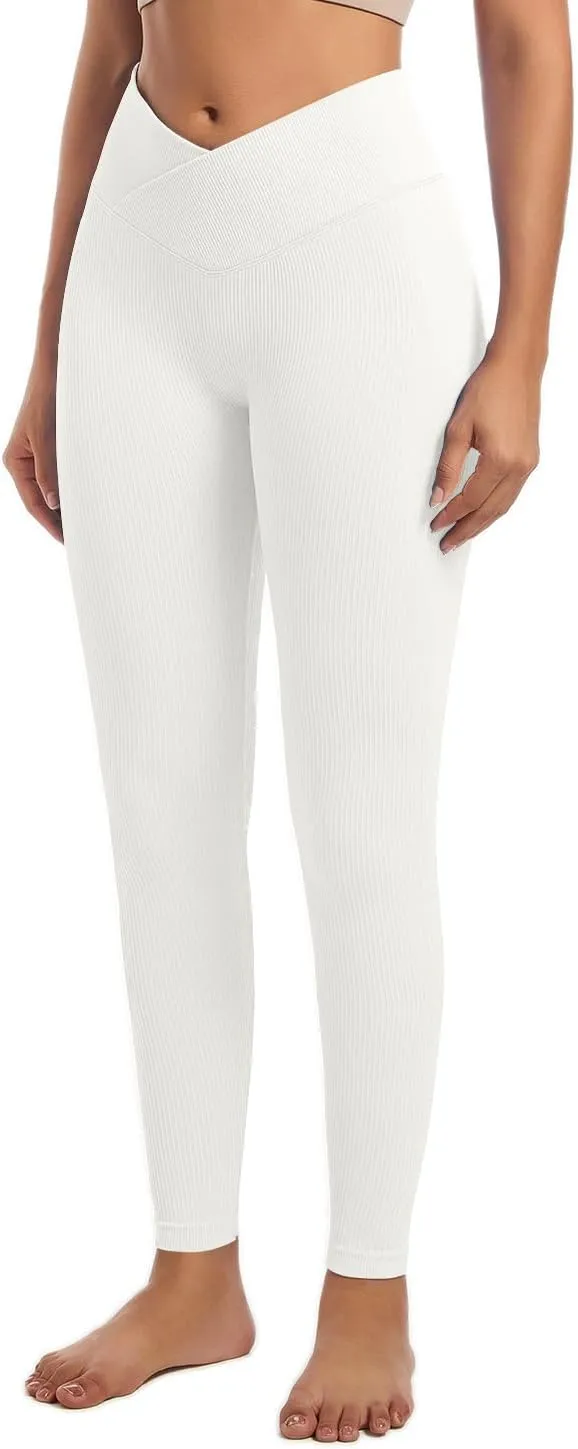 YOAKUKA Yoga Ribbed Leggings for Women High Waisted Tummy Control Seamless Butt Lifting Crossover Workout Gym Athletic Pants