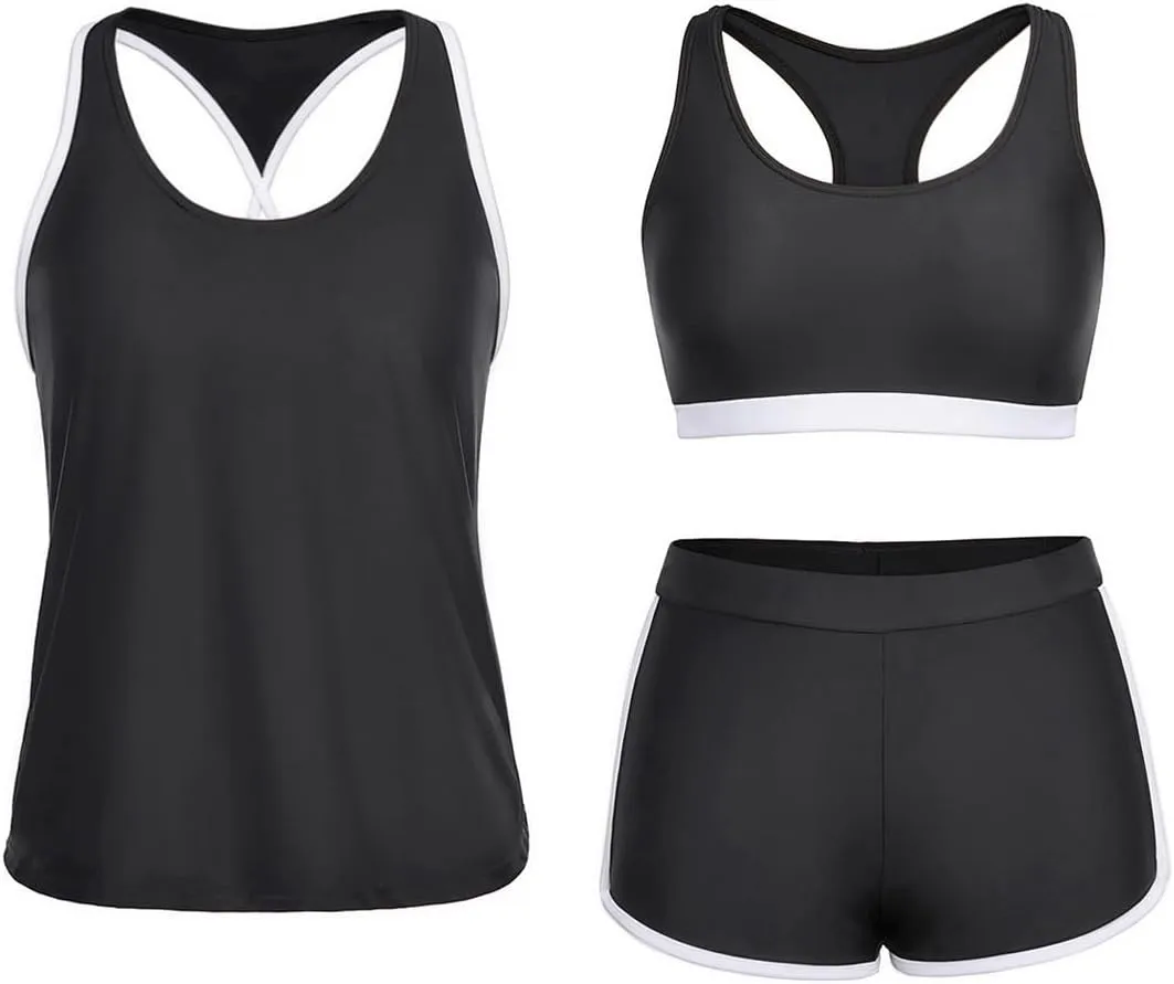 Yonique 3 Piece Athletic Tankini Swimsuits for Women with Shorts Swim Tank Tops with Sports Bra and Boyshorts Bathing Suits