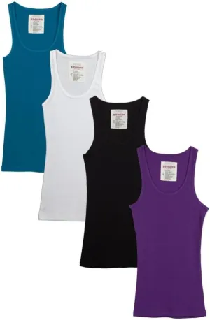 Zenana Outfitters 4 Pack Womens Basic Ribbed Tank Top Black/White/Purple/Jade L