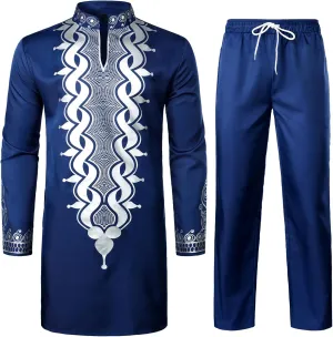 ZEROYAA Men's Africa Suit Long Sleeve Bronzing Print Shirt and Pants Outfit Traditional 2 Piece Set