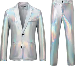 ZEROYAA Men's Metallic Shiny Suits Disco Sequin Blazer and Pants 2 Piece Sets for Party Prom