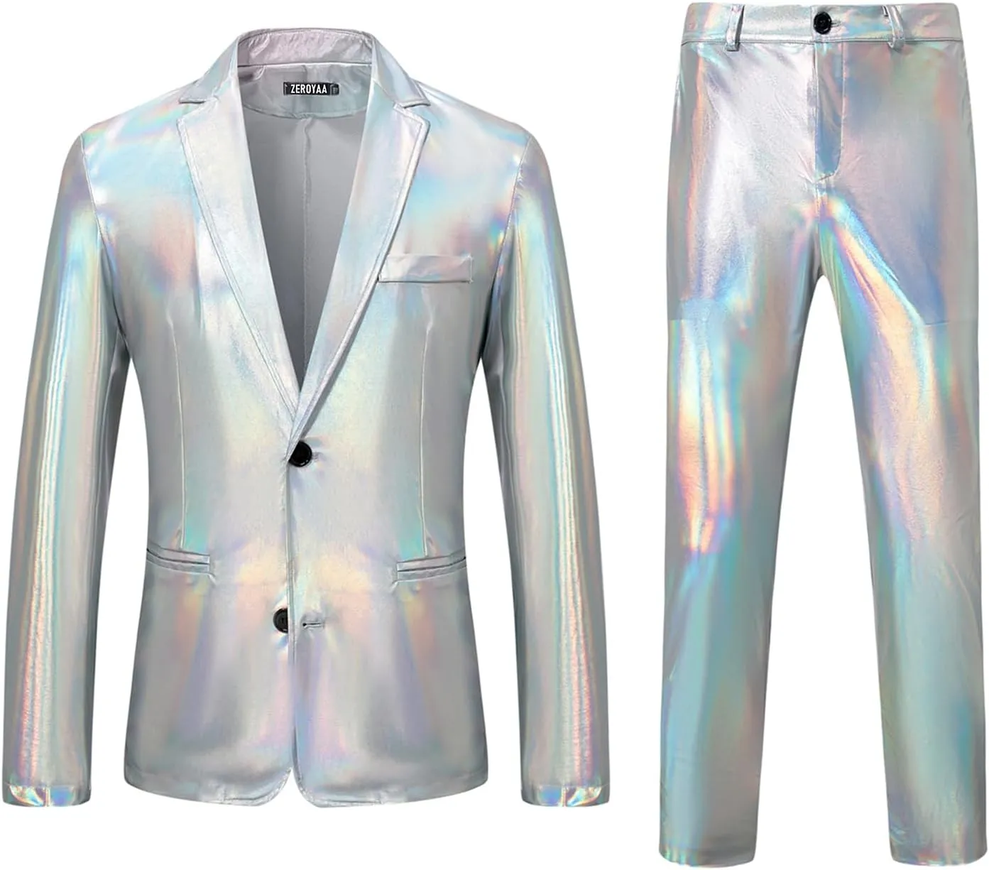 ZEROYAA Men's Metallic Shiny Suits Disco Sequin Blazer and Pants 2 Piece Sets for Party Prom