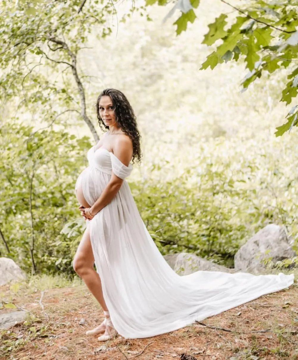 ZIUMUDY Maternity Dress for Photoshoot Photography Long Chiffon Maternity Gown Split See-Through Maternity Dresses