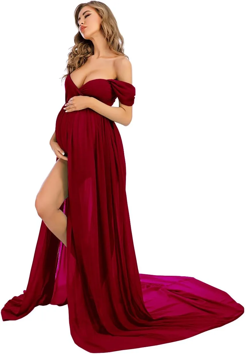 ZIUMUDY Maternity Dress for Photoshoot Photography Long Chiffon Maternity Gown Split See-Through Maternity Dresses