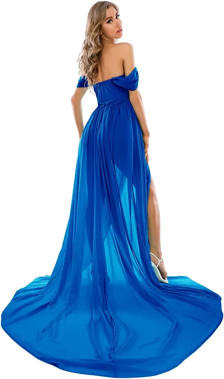 ZIUMUDY Maternity Dress for Photoshoot Photography Long Chiffon Maternity Gown Split See-Through Maternity Dresses