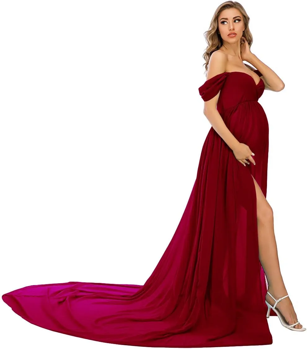 ZIUMUDY Maternity Dress for Photoshoot Photography Long Chiffon Maternity Gown Split See-Through Maternity Dresses
