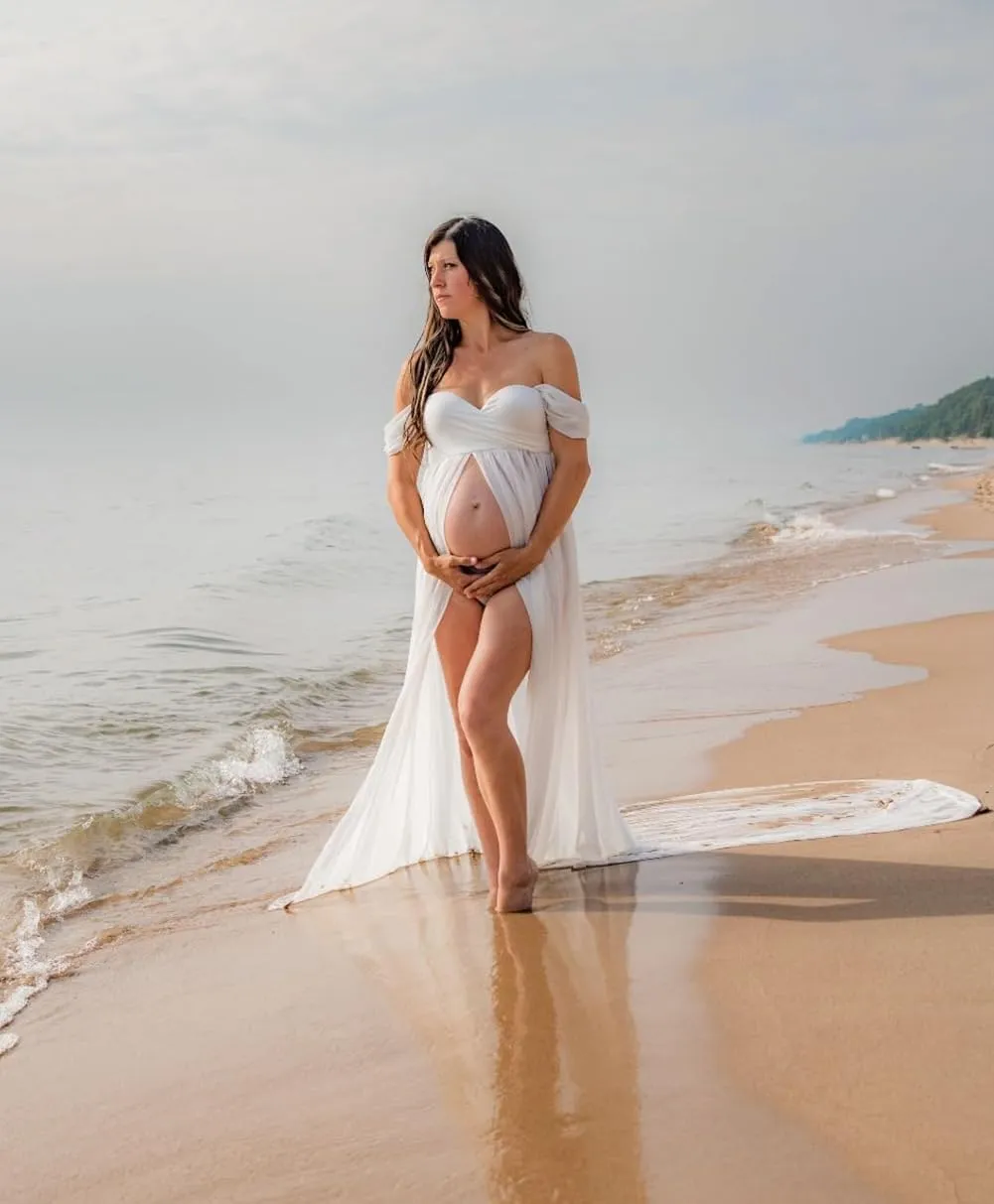 ZIUMUDY Maternity Dress for Photoshoot Photography Long Chiffon Maternity Gown Split See-Through Maternity Dresses