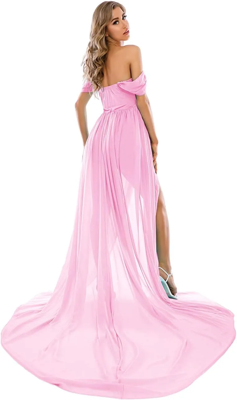 ZIUMUDY Maternity Dress for Photoshoot Photography Long Chiffon Maternity Gown Split See-Through Maternity Dresses
