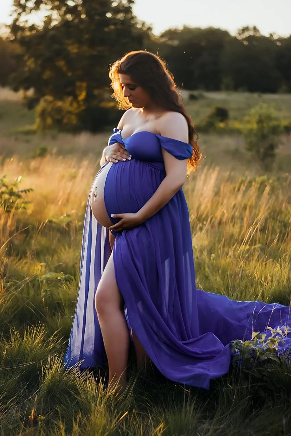 ZIUMUDY Maternity Dress for Photoshoot Photography Long Chiffon Maternity Gown Split See-Through Maternity Dresses
