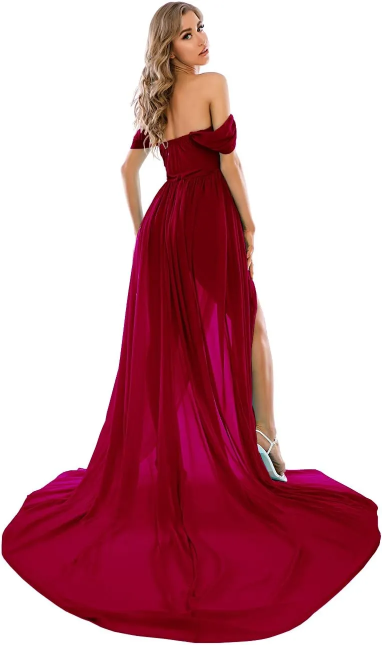 ZIUMUDY Maternity Dress for Photoshoot Photography Long Chiffon Maternity Gown Split See-Through Maternity Dresses