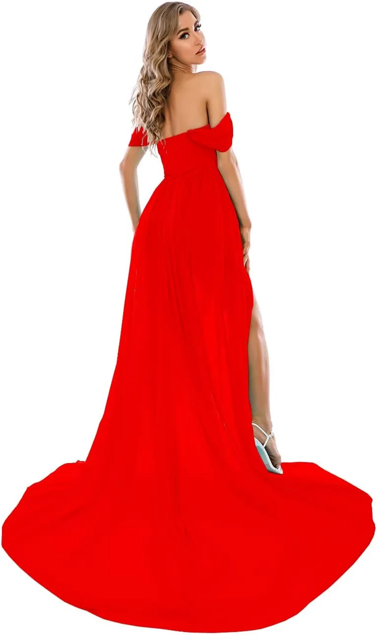 ZIUMUDY Maternity Dress for Photoshoot Photography Long Chiffon Maternity Gown Split See-Through Maternity Dresses