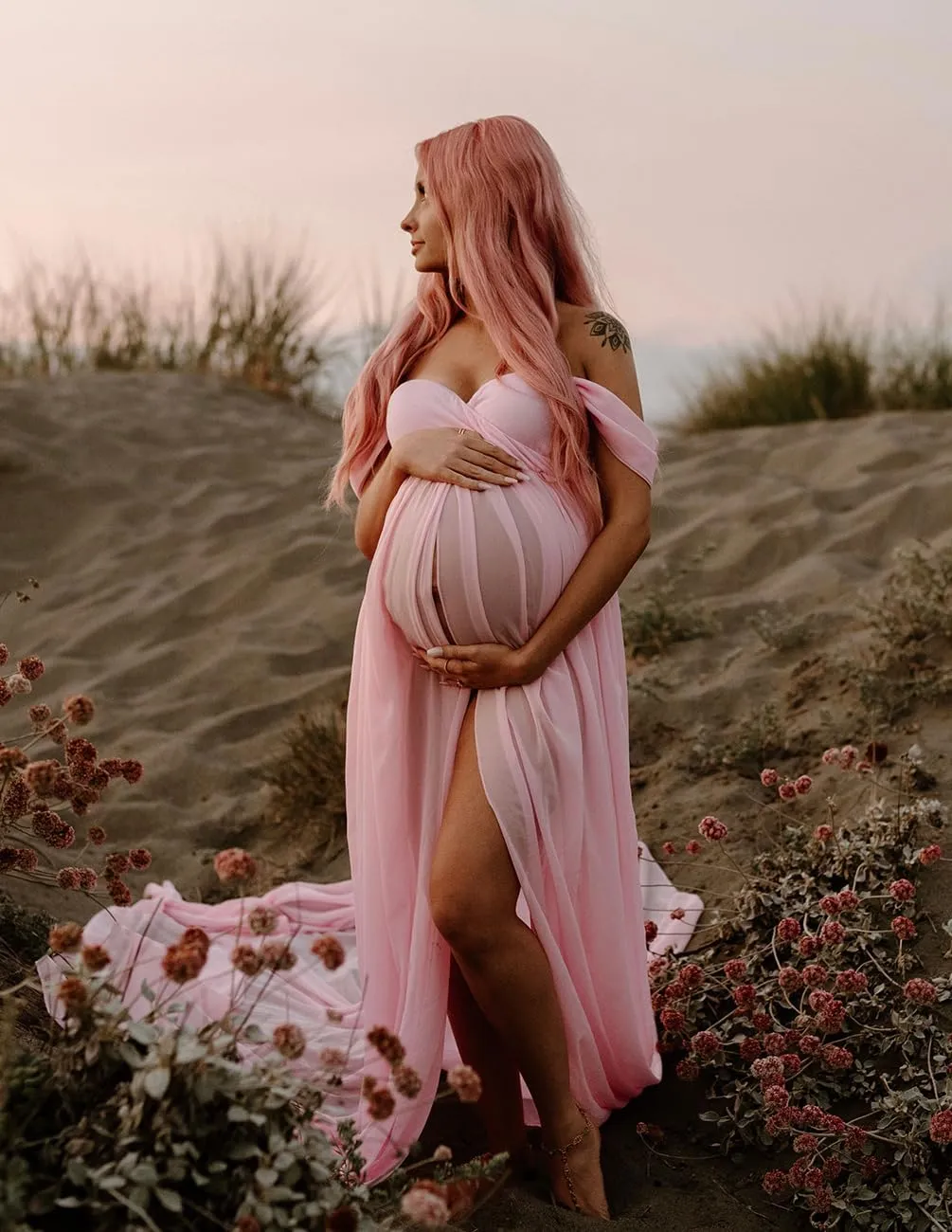 ZIUMUDY Maternity Dress for Photoshoot Photography Long Chiffon Maternity Gown Split See-Through Maternity Dresses