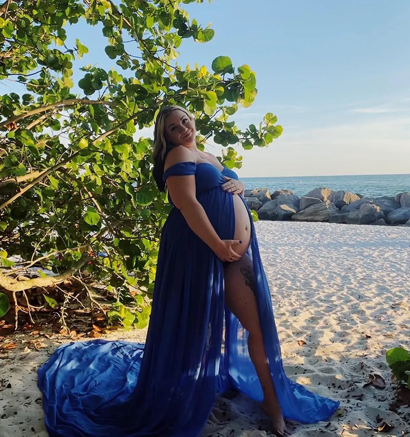 ZIUMUDY Maternity Dress for Photoshoot Photography Long Chiffon Maternity Gown Split See-Through Maternity Dresses