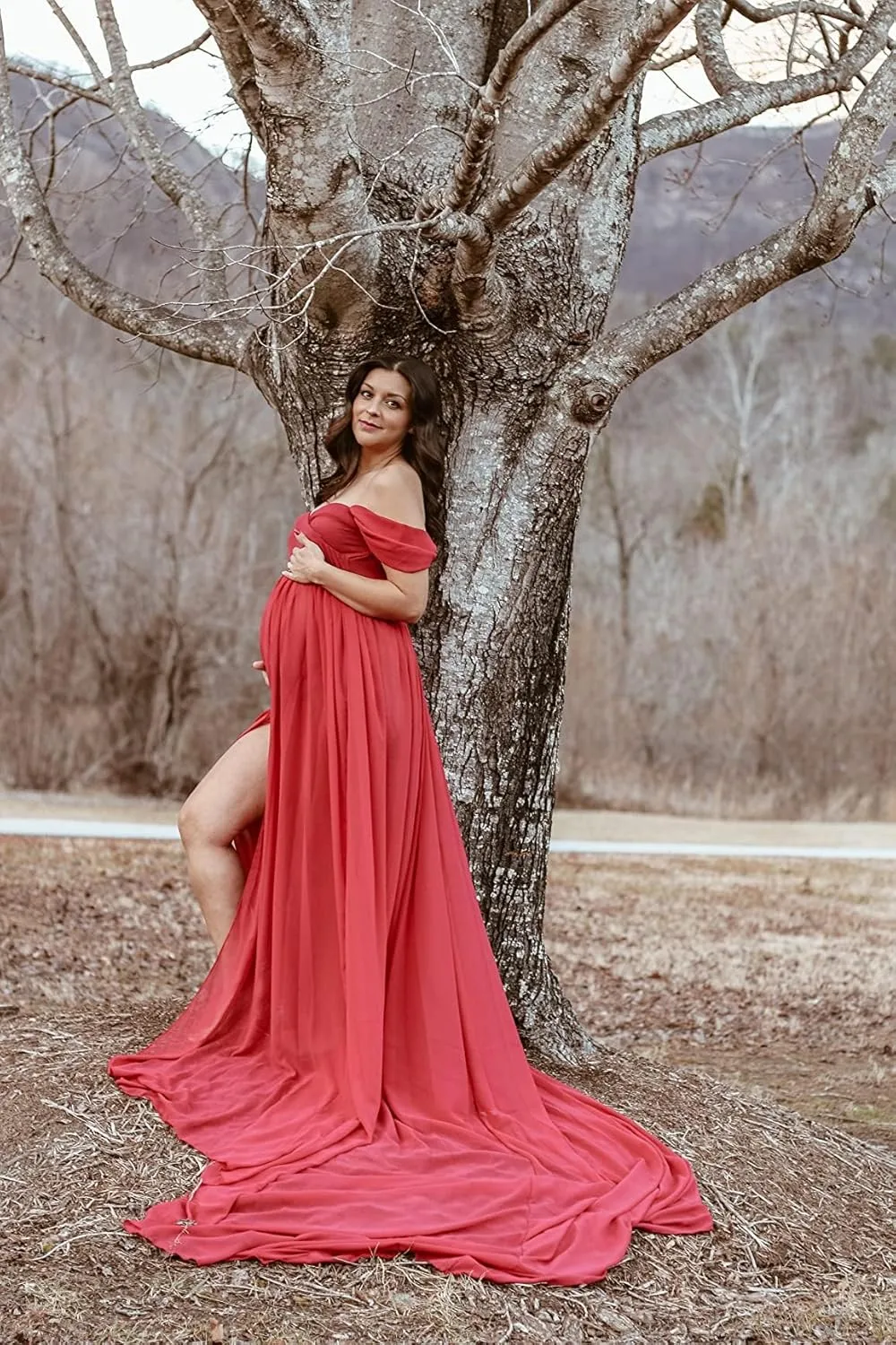 ZIUMUDY Maternity Dress for Photoshoot Photography Long Chiffon Maternity Gown Split See-Through Maternity Dresses
