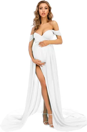 ZIUMUDY Maternity Dress for Photoshoot Photography Long Chiffon Maternity Gown Split See-Through Maternity Dresses