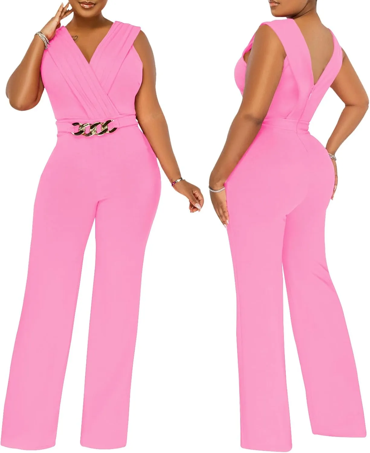 ZonJie Women's Dressy Jumpsuits Summer Sexy Party Rompers Elegant Deep V Neck Backless Clubwear Wide Leg Long Pants