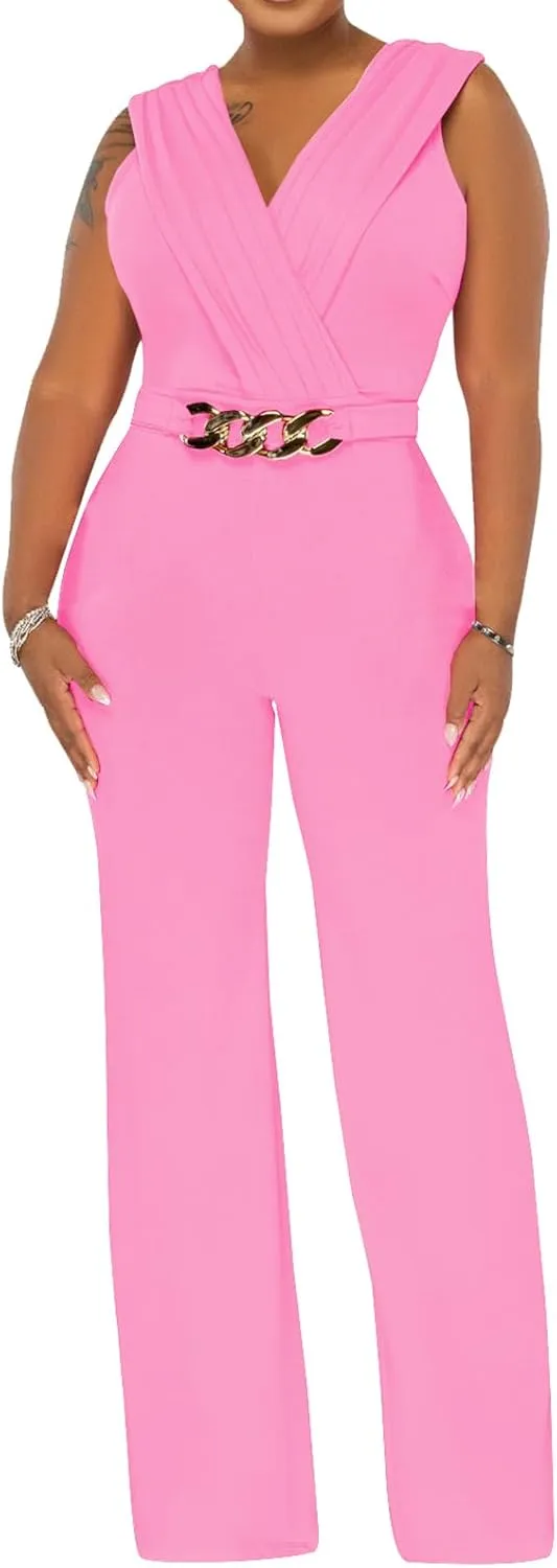 ZonJie Women's Dressy Jumpsuits Summer Sexy Party Rompers Elegant Deep V Neck Backless Clubwear Wide Leg Long Pants