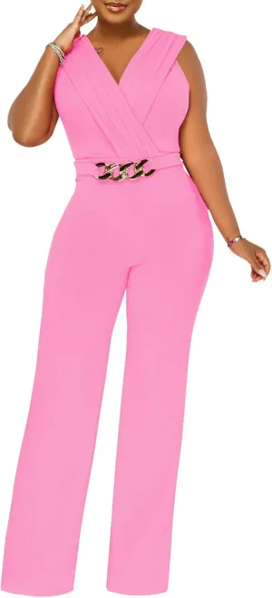 ZonJie Women's Dressy Jumpsuits Summer Sexy Party Rompers Elegant Deep V Neck Backless Clubwear Wide Leg Long Pants