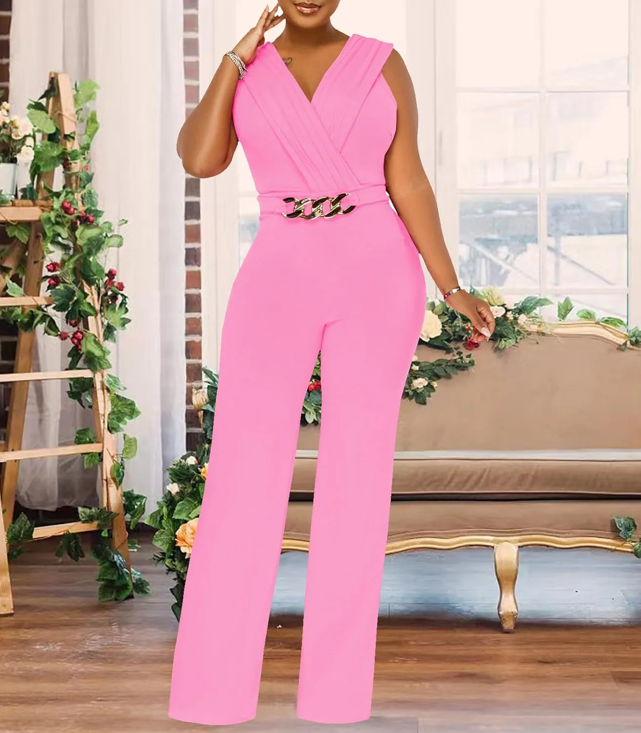ZonJie Women's Dressy Jumpsuits Summer Sexy Party Rompers Elegant Deep V Neck Backless Clubwear Wide Leg Long Pants