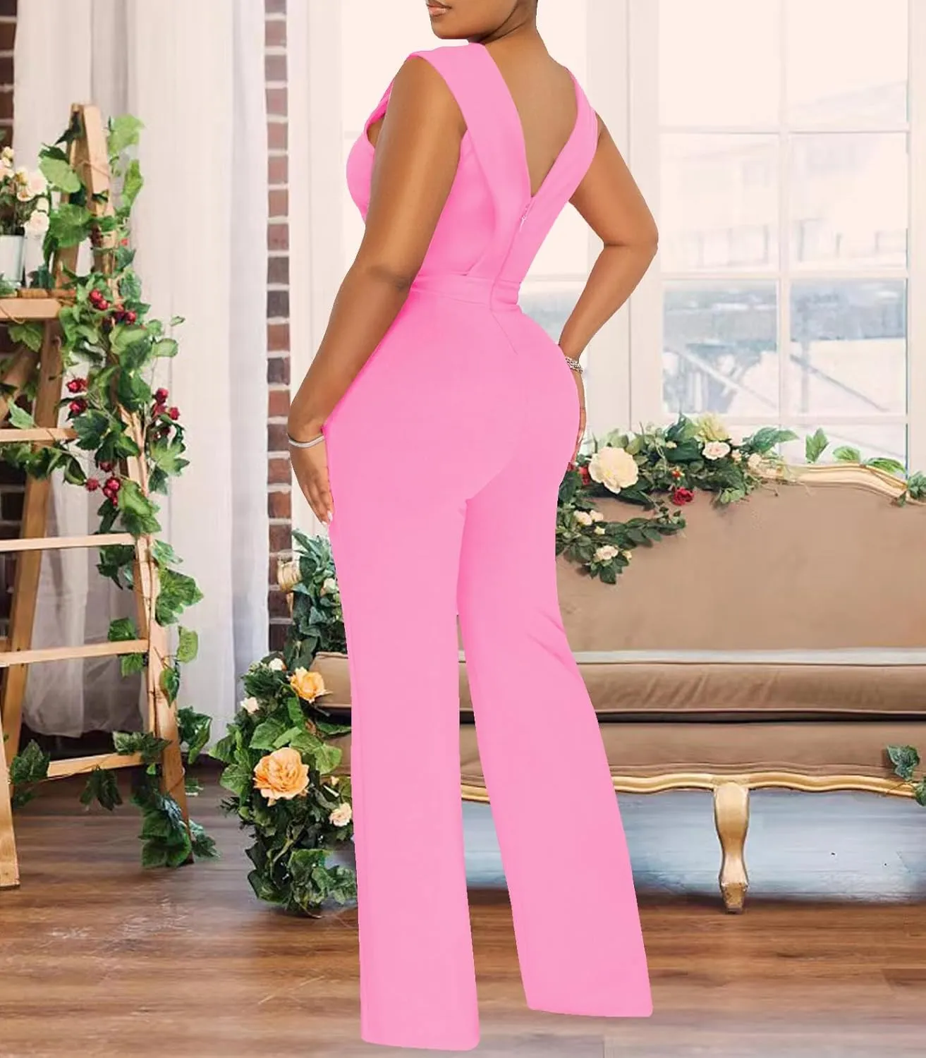 ZonJie Women's Dressy Jumpsuits Summer Sexy Party Rompers Elegant Deep V Neck Backless Clubwear Wide Leg Long Pants